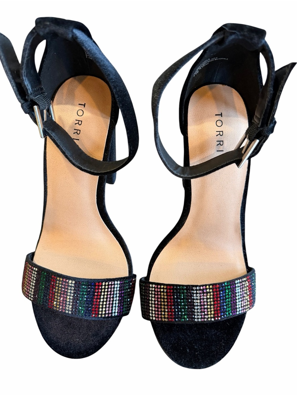 Torrid Black Velvet Rhinestone Block Heel Sandals Ankle Strap Wide Width Women’s